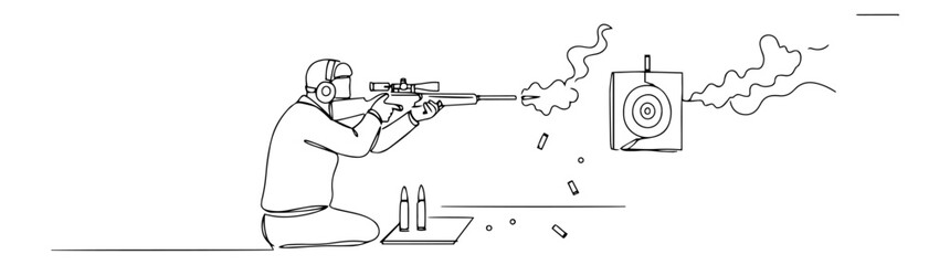 Minimal one-line drawing of tactical shooter kneeling at firing range aiming rifle at paper target