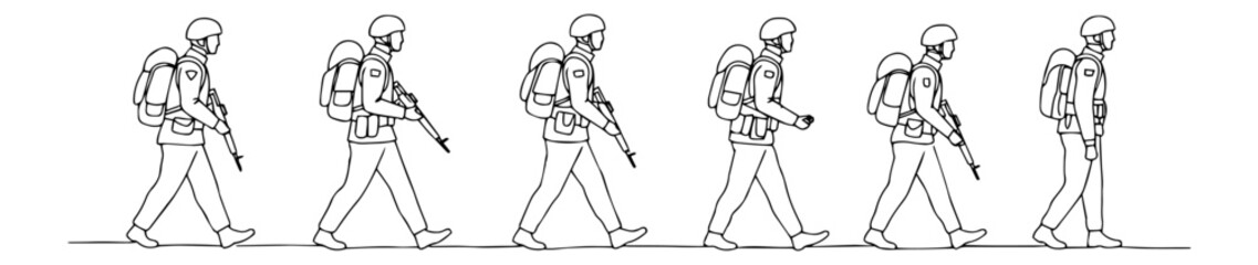 group of armed soldiers walking in line, simple outline vector