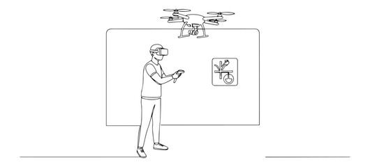 person controlling drone using vr headset, outline vector style