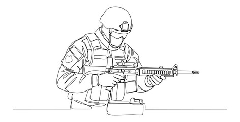 armed soldier holding a rifle in tactical gear, outline vector style