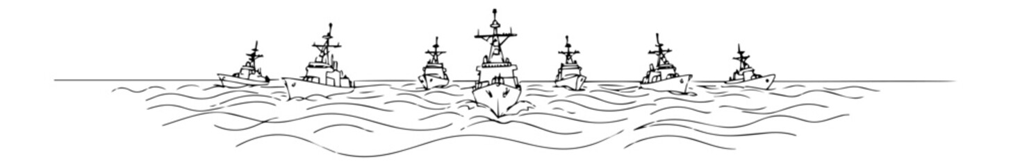 fleet of warships in the ocean in line art style vector