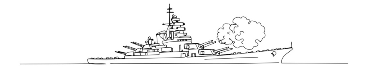 Continuous line art of battleship firing broadside cannon salvo amid ocean waves and smoke
