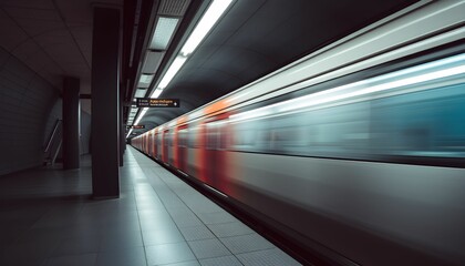 subway station, blurred train motion, long exposure, underground platform, fluorescent lighting, tiled walls, urban transportation, movement, speed, tunnel vision