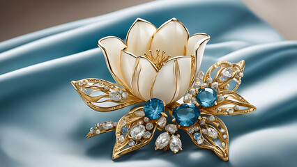 A gold brooch in the shape of a flower, with mother-of-pearl and precious stones, on a light blue background.