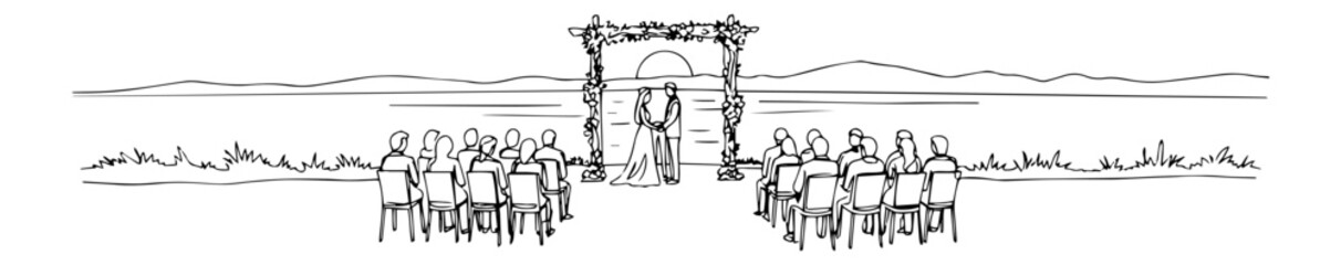 continuous line vector of wedding ceremony in open landscape with guests and arch altar