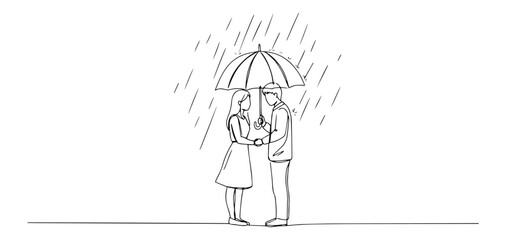 continuous line vector of couple standing close under umbrella in rain, romantic moment