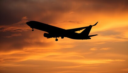 commercial airliner, silhouette, sunset sky, orange clouds, dramatic lighting, golden hour, jet plane taking off, low angle view, aviation photography, atmospheric, dusk, vibrant colors