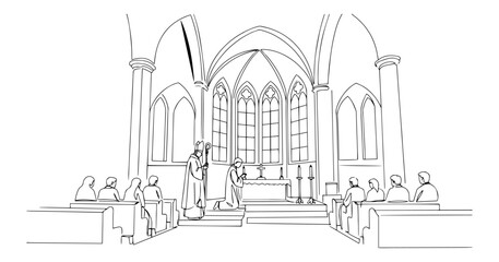 line art vector of wedding ceremony inside a gothic church, minimalist architectural sketch