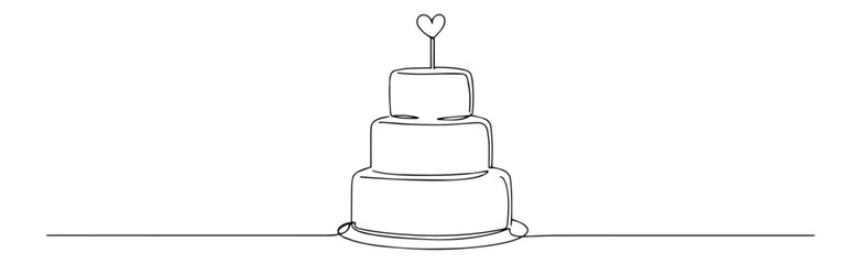 continuous line vector of wedding cake with heart topper, simple romantic illustration