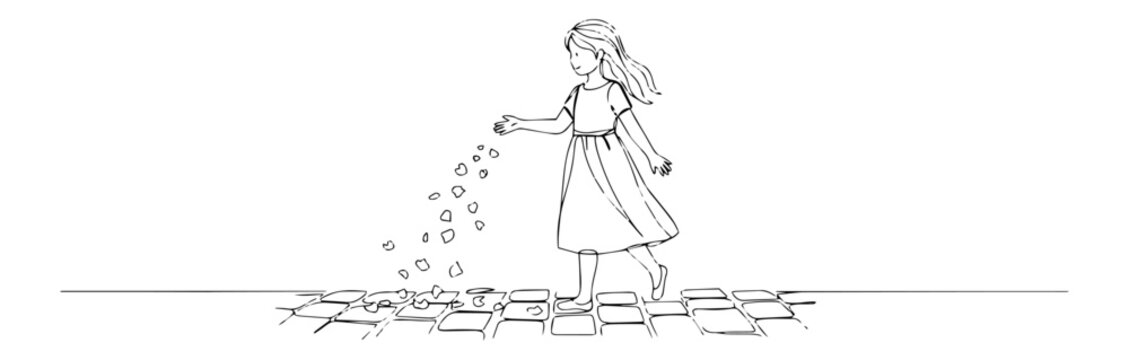 minimalist vector of a flower girl walking and scattering petals, symbolic wedding moment