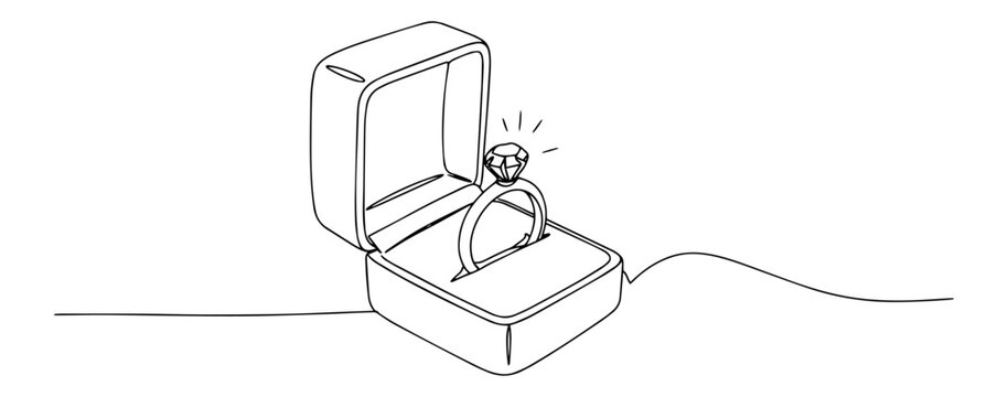 recommend clip art: continuous line vector of engagement ring in box, minimalist wedding proposal illustration