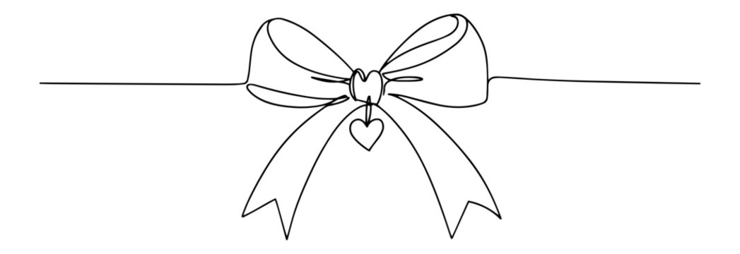 Naklejki bow with two hearts in line art style, romantic blackandwhite vector for wedding or love theme