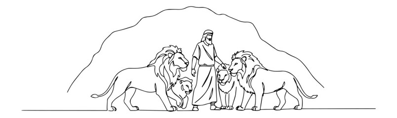 Daniel in the lion’s den continuous line vector illustration