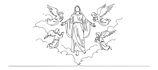 Minimalist one-line vector showing ascension surrounded by angels, perfect for religious and spiritual artwork