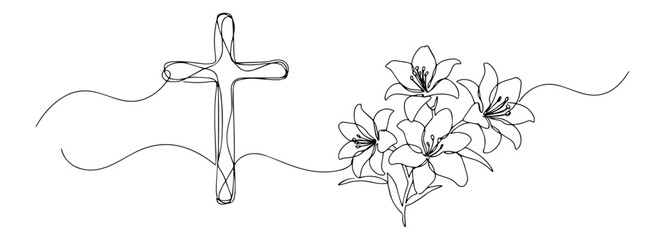 One line art of a flowing ribbon cross adorned with blooming Easter lilies © Luka