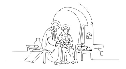 Continuous single line illustration of the Holy Family – Saint Joseph, Virgin Mary and Child Jesus at Nazareth home