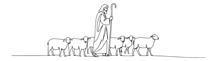 One line illustration of Jesus the Good Shepherd guiding His flock of sheep across open pasture
