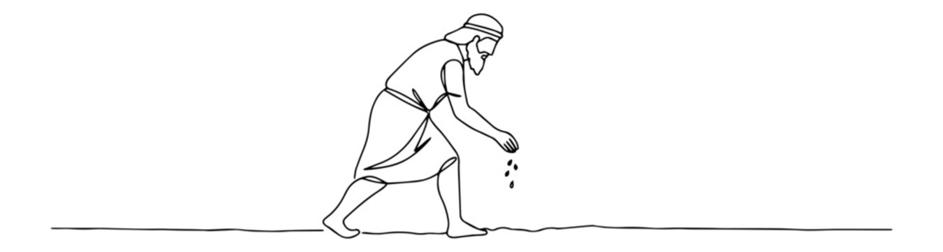 Minimal continuous line drawing of the biblical sower scattering seed on fertile ground