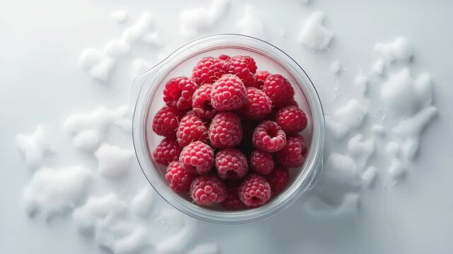 Plastic container holding raspberries.