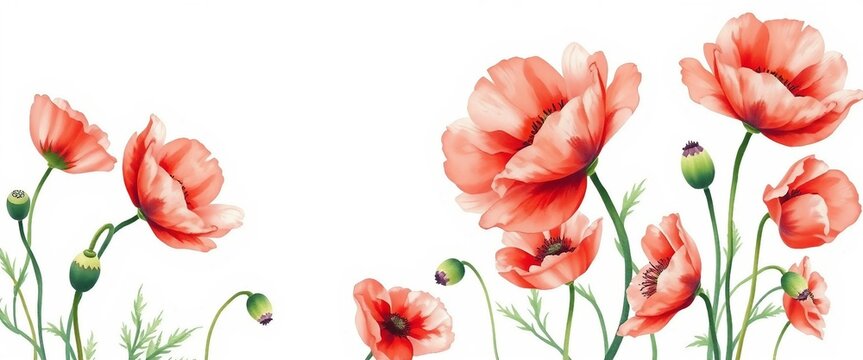 Zarter Aquarellrahmen aus roten Mohnblumen mit wei&szlig;em Hintergrund &ndash; ideal f&uuml;r Karten, Einladungen oder florale Designs.