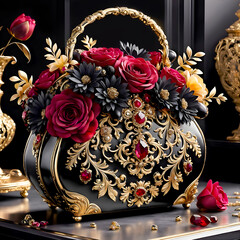 Women's  handbag of LUXURY class, with golden floral patterns, ruby ​​stones and decorative flowers.