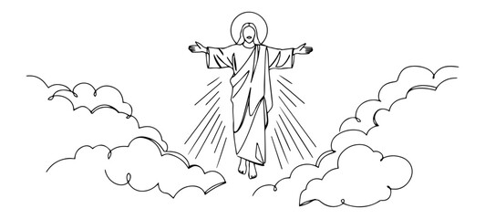 Continuous single line illustration of the Ascension of Jesus Christ rising above radiant clouds