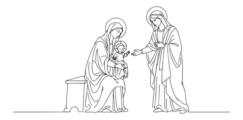 Minimal continuous line drawing of Saint Anne greeting the Virgin Mary holding baby Jesus