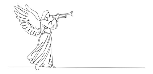 Single line illustration of an angel blowing a trumpet heralding divine proclamation © Luka