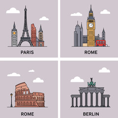 Fototapeta premium Iconic European landmarks flat design featuring Eiffel Tower, Big Ben, Colosseum, and Brandenburg Gate vector illustration