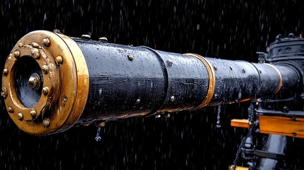 Rain-slicked antique cannon barrel detail