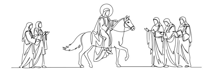 Single line illustration of the triumphal entry of Jesus into Jerusalem riding a donkey on Palm Sunday