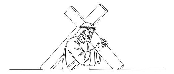 Single line art of Jesus Christ carrying the heavy cross on the way to Golgotha during the Passion