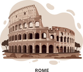 Historic Roman Colosseum architecture with detailed arches and weathered stone in flat style vector illustration