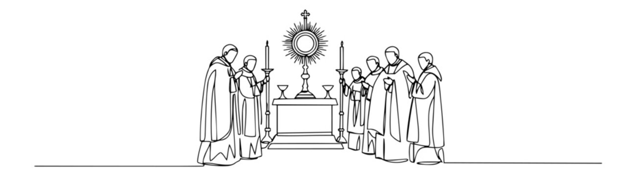 priests in eucharistic adoration, line art vector of catholic ritual and holy mass celebration