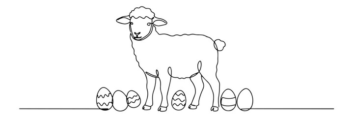 easter lamb with decorated eggs, line art style, symbol of spring, faith and joy
