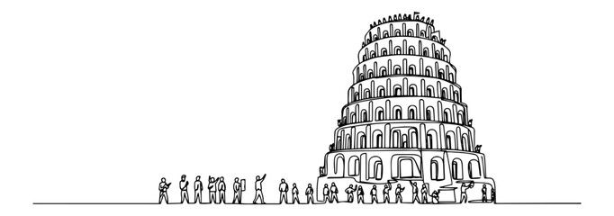 tower of babel with people at base, line art biblical vector, symbol of language and unity