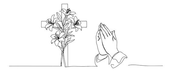 cross with lilies and hands praying minimal vector