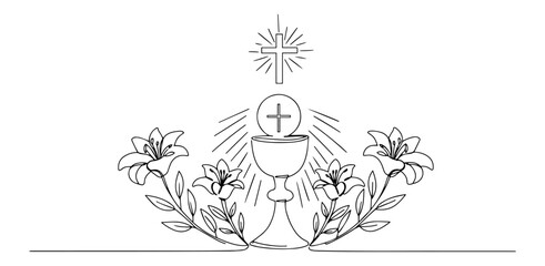 eucharist chalice with host and lilies in line art style, christian sacrament vector illustration