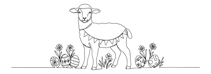easter lamb with floral decorations and eggs, line art style, symbol of spring and faith © Luka