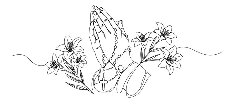 praying hands with rosary and flowers in line art style, symbol of faith, devotion and peace, vector