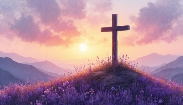 Watercolor painting wooden calvary cross on hilltop at sunrise. Purple landscape with lavender, mountains, clouds. Christian faith hope, religious background for Easter, Jesus Christ resurrection.
