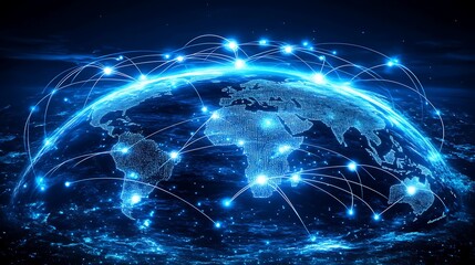 Naklejka premium Global Digital Network Connections, A digital representation of Earth with glowing network connections spanning continents