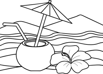 Beach Scene with Tropical Drink, Umbrella, and Hibiscus Flower Outline

