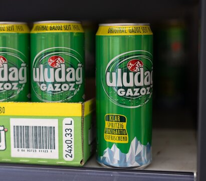 Uludag Gazoz Soft Drink Cans Display - FRANKFURT, GERMANY - MARCH 21, 2025