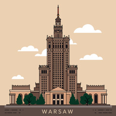 Obraz premium Warsaw Palace of Culture and Science detailed flat architectural design with trees and clouds vector illustration