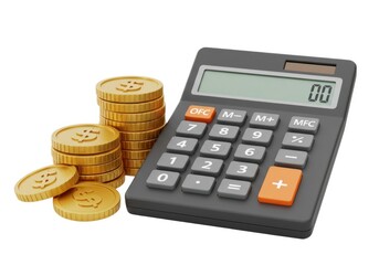 Calculator and gold coins illustration for finance and accounting isolated on white background