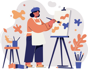 Fototapeta premium Female artist painting abstract shapes in minimal flat style with easel and brushes vector illustration
