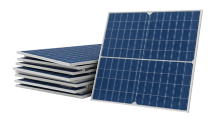 Stack of solar panels with one panel standing upright against a black background in a studio shot on transparent background