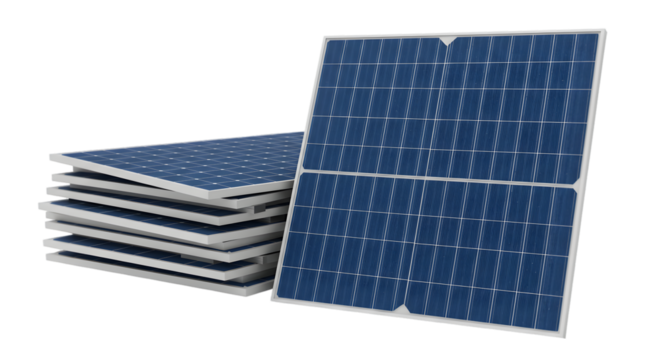 Stack of solar panels with one panel standing upright against a black background in a studio shot on transparent background