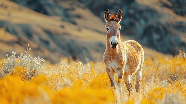 Onager in autumnal steppe, wildlife photography